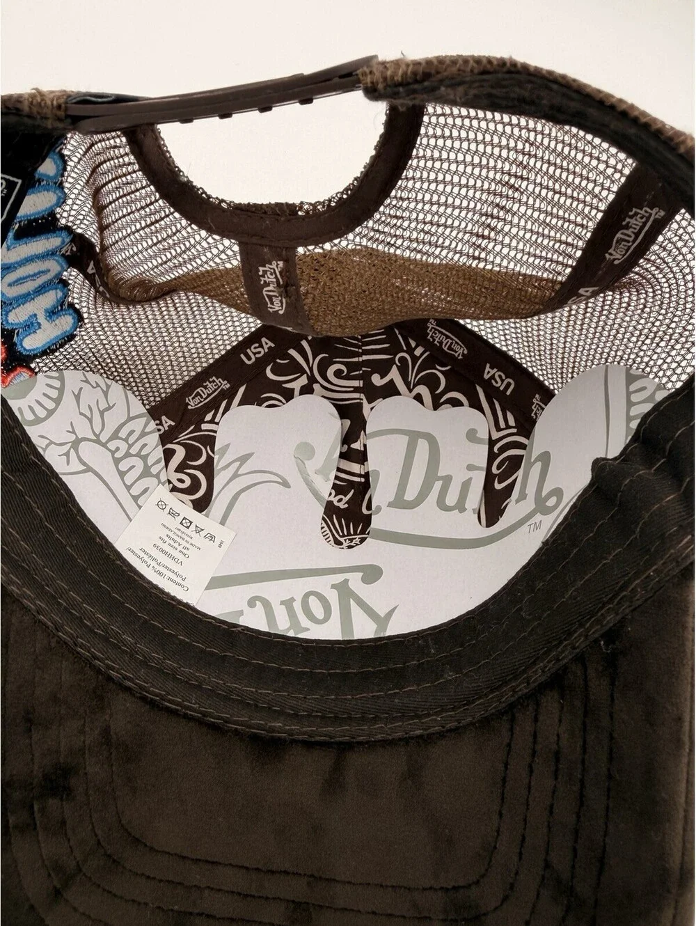 Von Dutch Hollywood Brown Velvet Trucker Hat with Red Blue Logo NWT